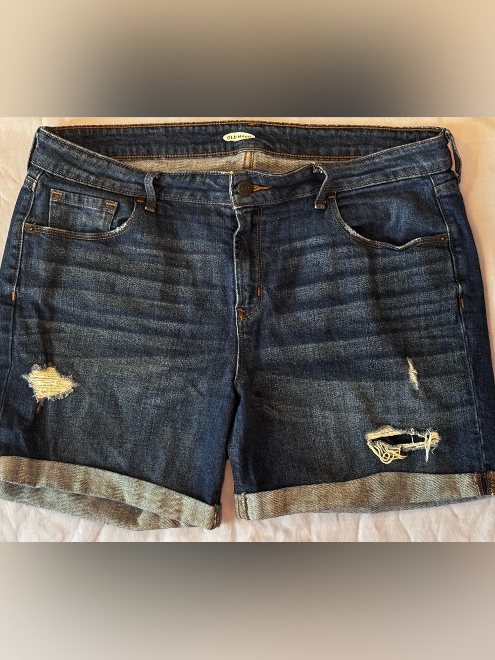 Old Navy Distressed Boyfriend Denim Shorts Size 12 Cuffed Dark Wash